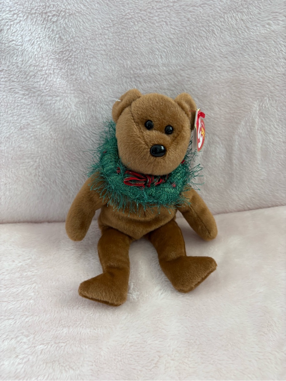 Ty Brown Bear Hollydays with Green Holiday Wreath and bow.